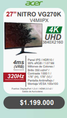 Monitor Gaming Acer Nitro 27" VG270K 4K UHD 320Hz 4ms IPS HDR10 - ZonaTech — foto 2